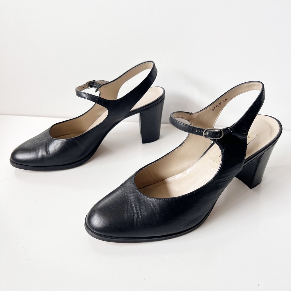 Vintage Mary Jane Slingback Heels Black Leather Block Heel Round Toe 90s Size 8 - Picture 4 of 10